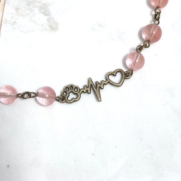 Cute Cherry Quartz Bronze Paw Print Heart Beat Adjustable Pendant Choker - Picture 4 of 16